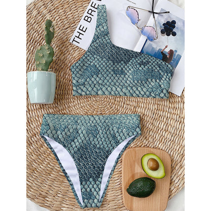 Steel Blue Snakeskin Print One Shoulder Bikini Top