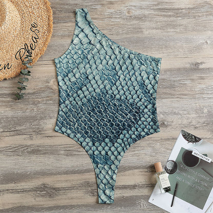 Steel Blue Snakeskin Print One Shoulder Bodysuit