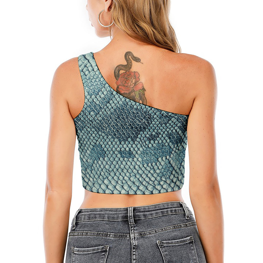 Steel Blue Snakeskin Print One Shoulder Crop Top