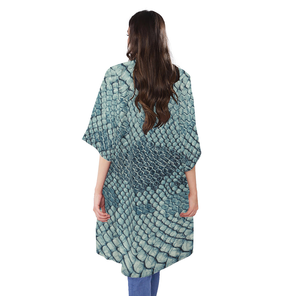 Steel Blue Snakeskin Print Open Front Beach Cover Up