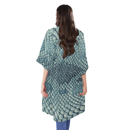 Steel Blue Snakeskin Print Open Front Beach Cover Up