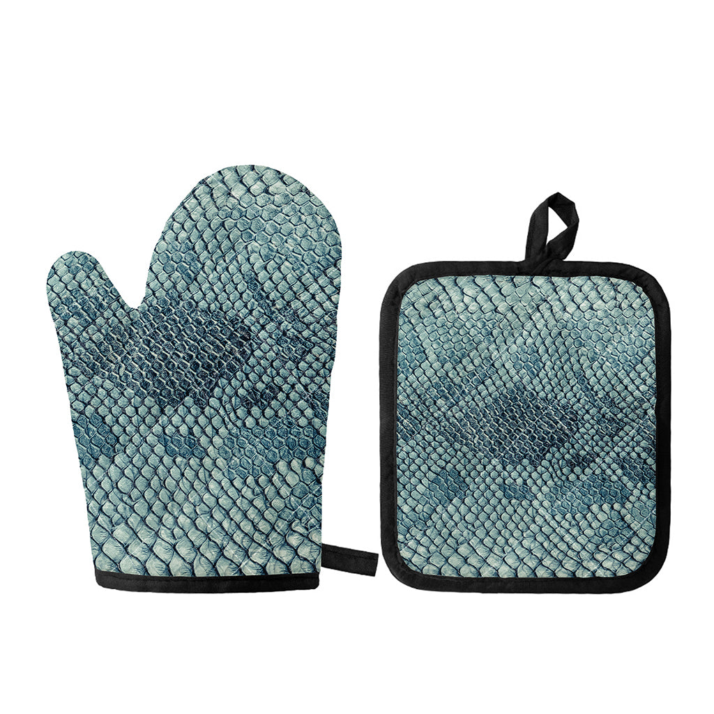 Steel Blue Snakeskin Print Oven Mitt And Pot Holder Set