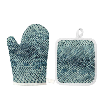 Steel Blue Snakeskin Print Oven Mitt And Pot Holder Set
