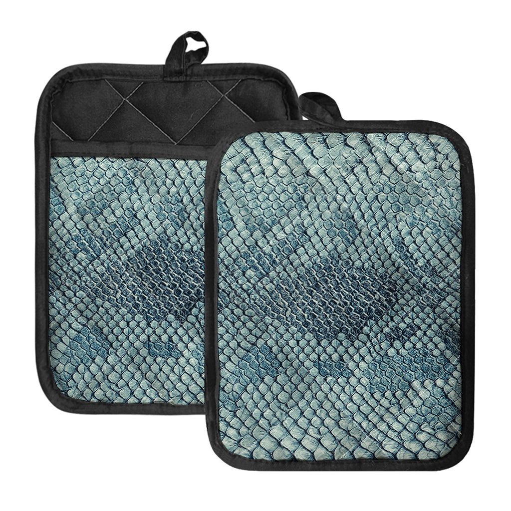 Steel Blue Snakeskin Print Pot Holders With Pocket