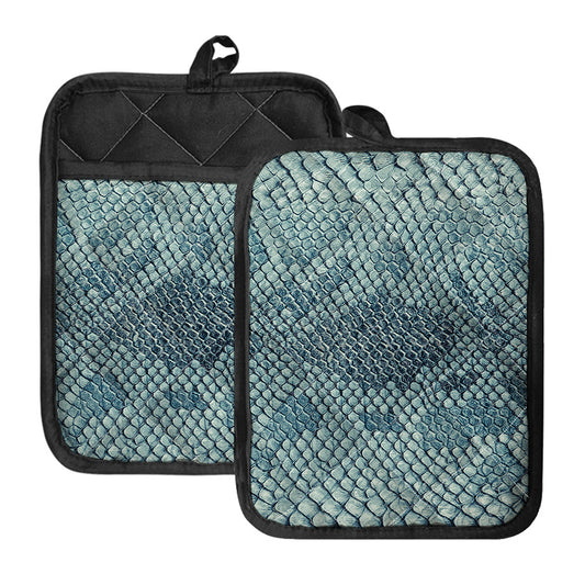 Steel Blue Snakeskin Print Pot Holders With Pocket