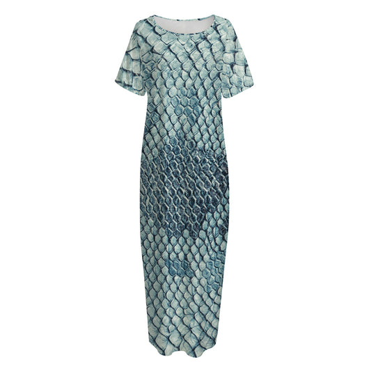 Steel Blue Snakeskin Print Short Sleeve Long Nightdress