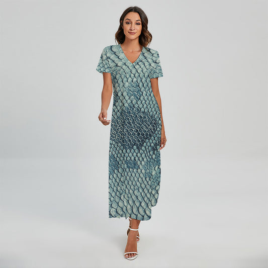 Steel Blue Snakeskin Print Short Sleeve Maxi Dress