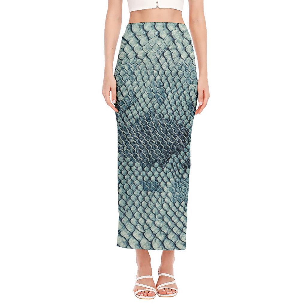 Steel Blue Snakeskin Print Side Slit Maxi Skirt
