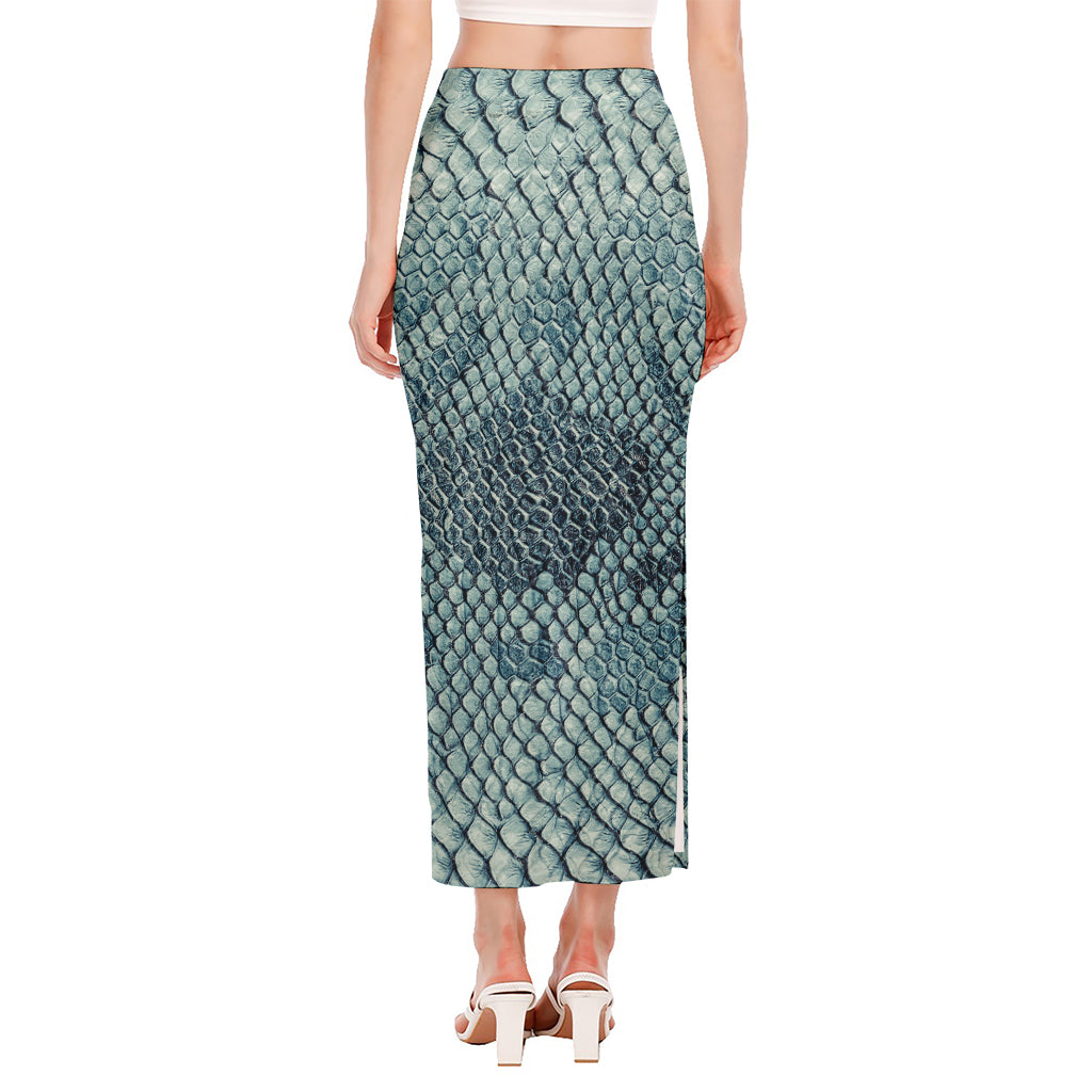 Steel Blue Snakeskin Print Side Slit Maxi Skirt