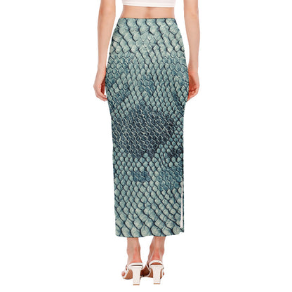 Steel Blue Snakeskin Print Side Slit Maxi Skirt