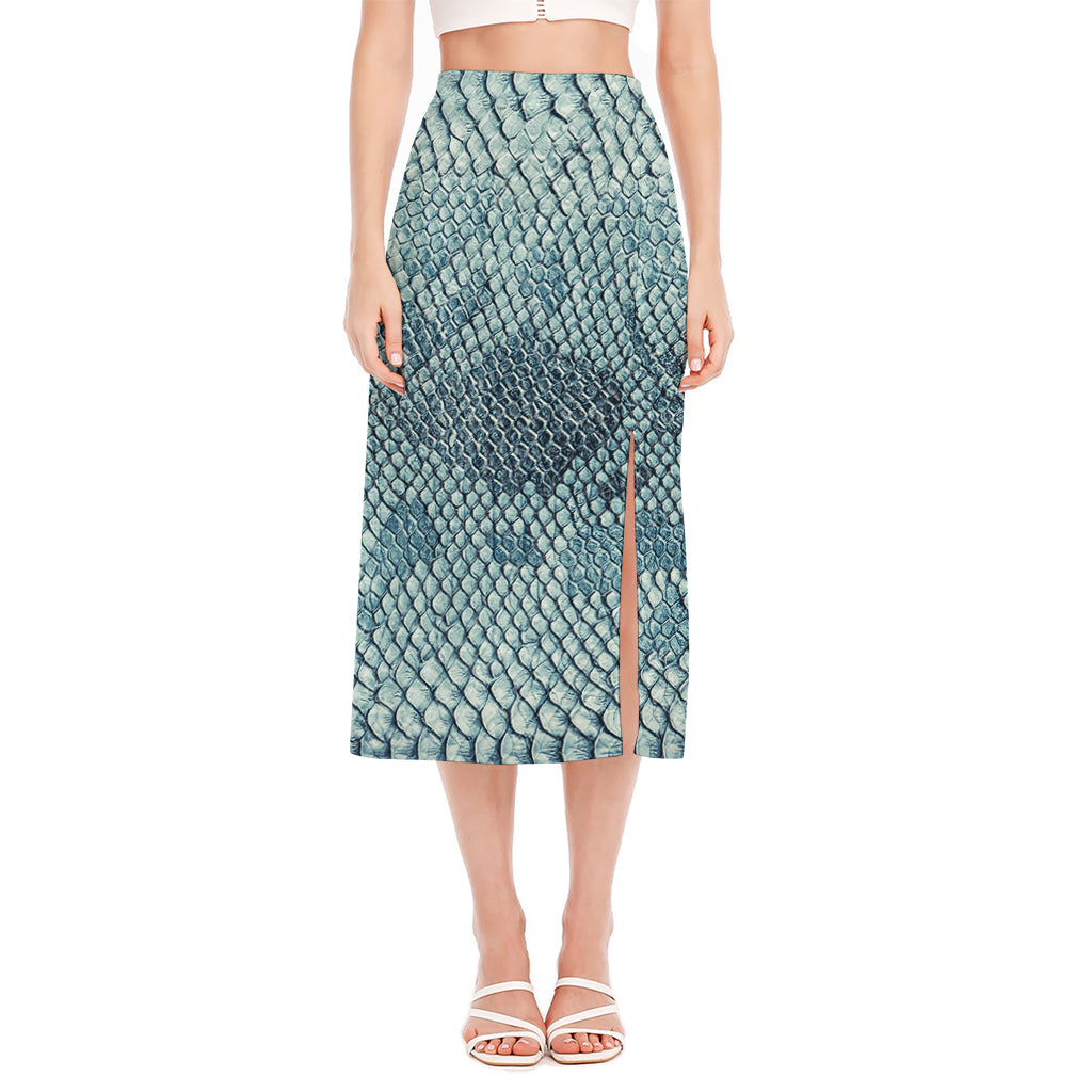 Steel Blue Snakeskin Print Side Slit Midi Skirt