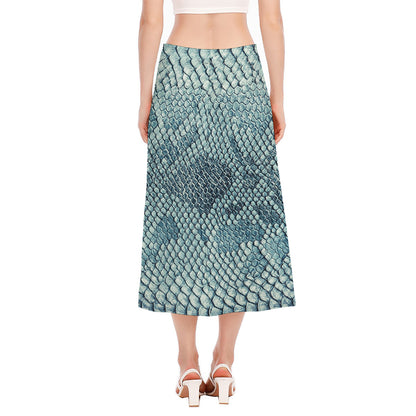 Steel Blue Snakeskin Print Side Slit Midi Skirt