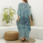 Steel Blue Snakeskin Print Silk V-Neck Kaftan Dress