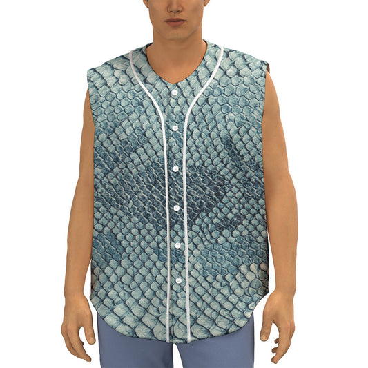 Steel Blue Snakeskin Print Sleeveless Baseball Jersey