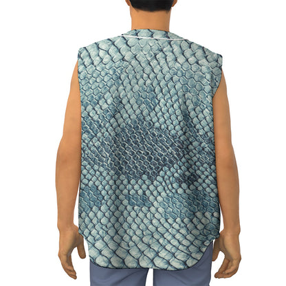 Steel Blue Snakeskin Print Sleeveless Baseball Jersey