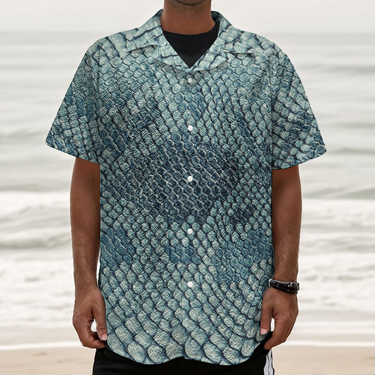 Steel Blue Snakeskin Print Textured Short Sleeve Shirt