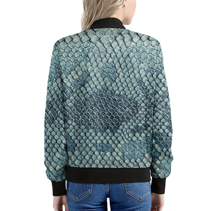 Steel Blue Snakeskin Print Women's Bomber Jacket