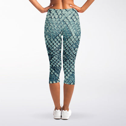 Steel Blue Snakeskin Print Women's Capri Leggings