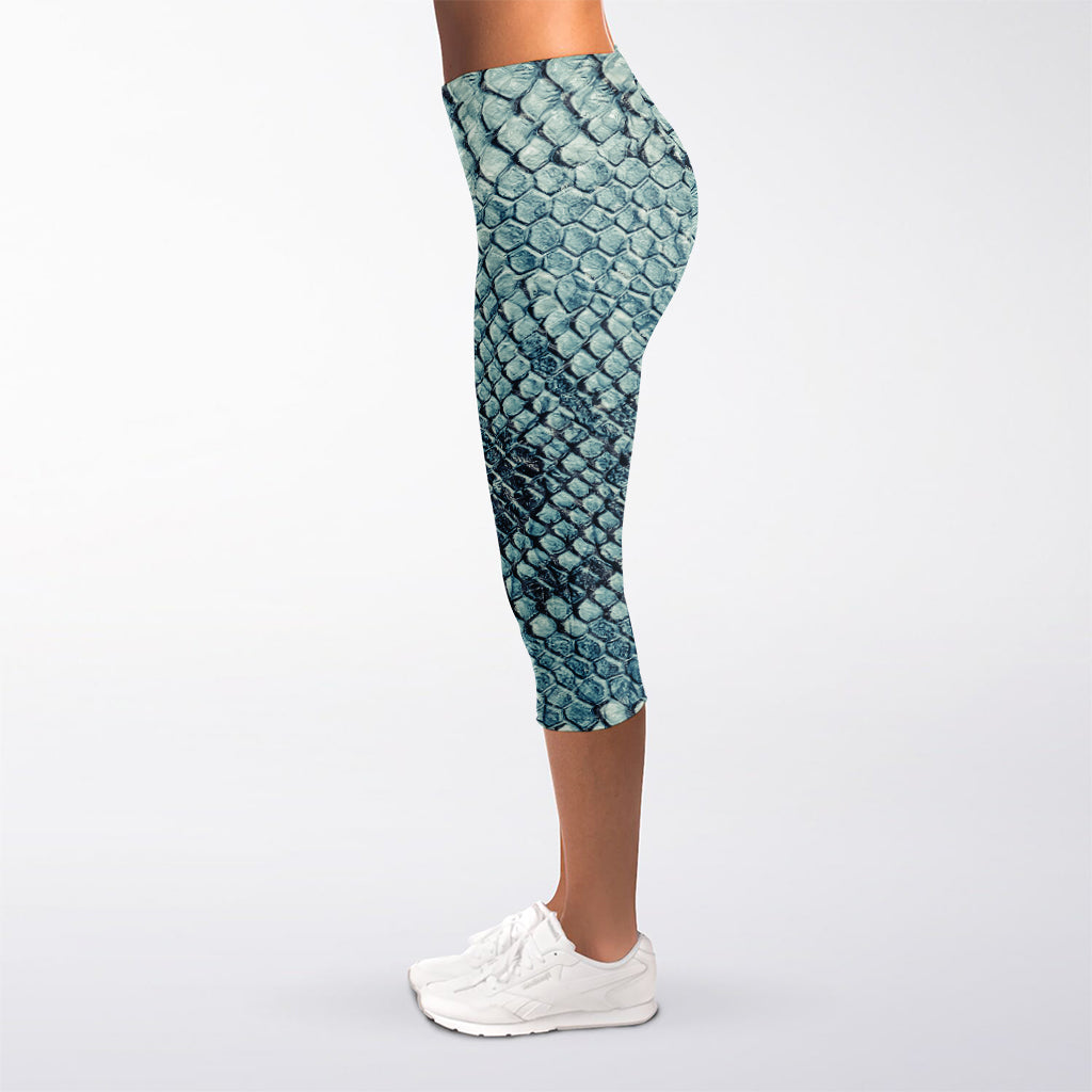 Steel Blue Snakeskin Print Women's Capri Leggings