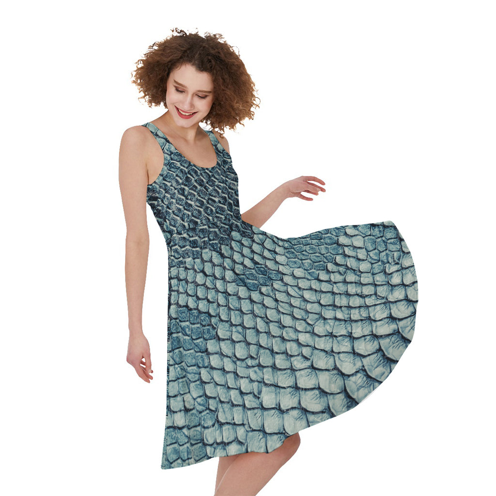 Steel Blue Snakeskin Print Women's Sleeveless Dress