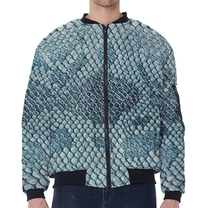 Steel Blue Snakeskin Print Zip Sleeve Bomber Jacket