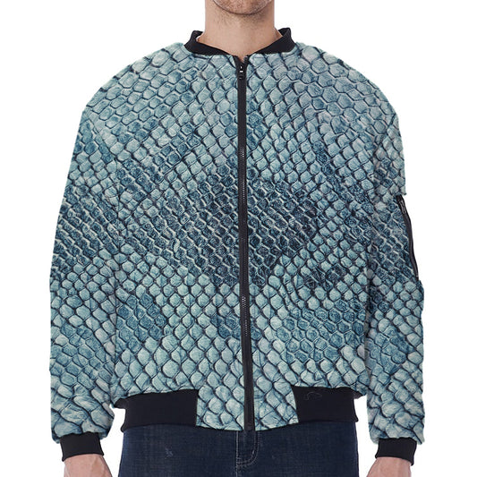 Steel Blue Snakeskin Print Zip Sleeve Bomber Jacket