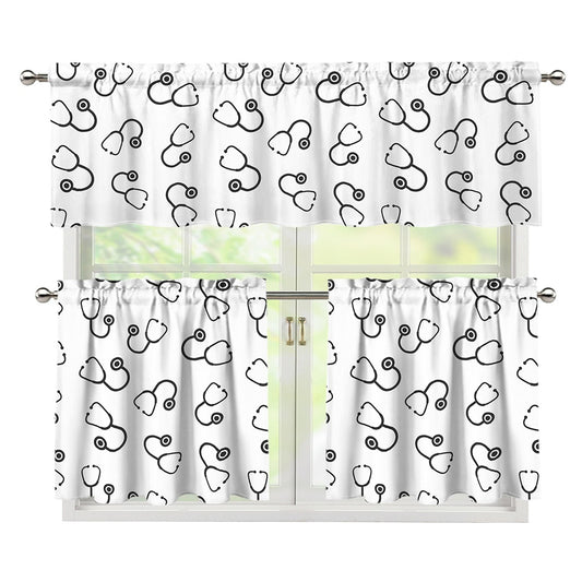 Stethoscope Sign Pattern Print 3 Piece Kitchen Curtains