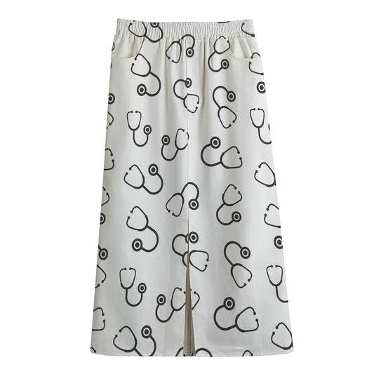Stethoscope Sign Pattern Print Cotton Front Slit Maxi Skirt