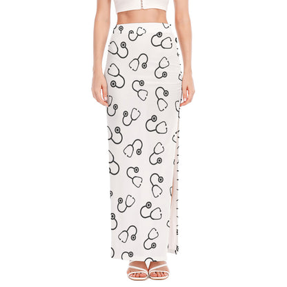 Stethoscope Sign Pattern Print High Slit Maxi Skirt