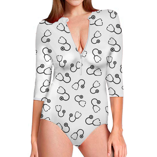 Stethoscope Sign Pattern Print Long Sleeve Swimsuit