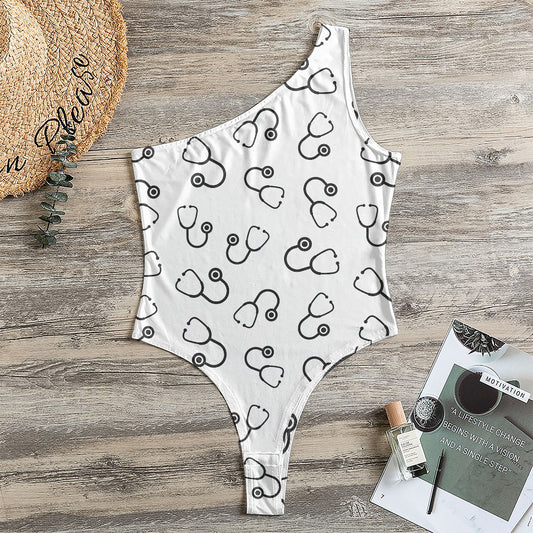 Stethoscope Sign Pattern Print One Shoulder Bodysuit