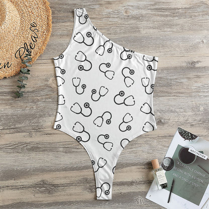 Stethoscope Sign Pattern Print One Shoulder Bodysuit