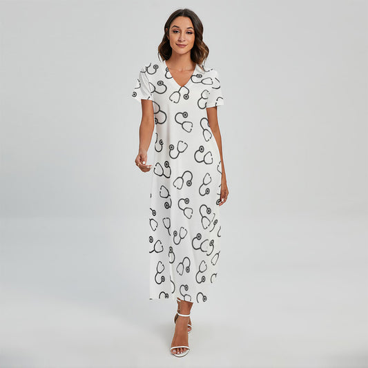 Stethoscope Sign Pattern Print Short Sleeve Maxi Dress