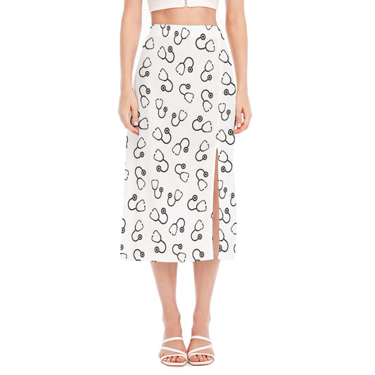 Stethoscope Sign Pattern Print Side Slit Midi Skirt