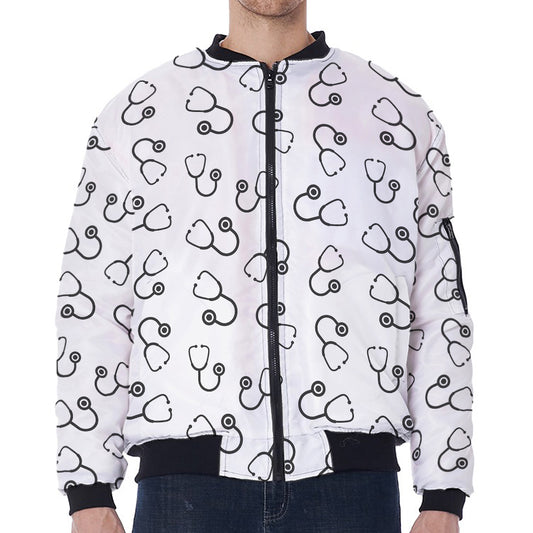 Stethoscope Sign Pattern Print Zip Sleeve Bomber Jacket