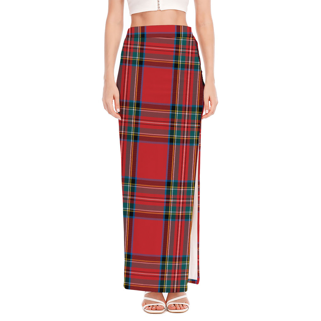 Stewart Tartan Scottish Pattern Print High Slit Maxi Skirt