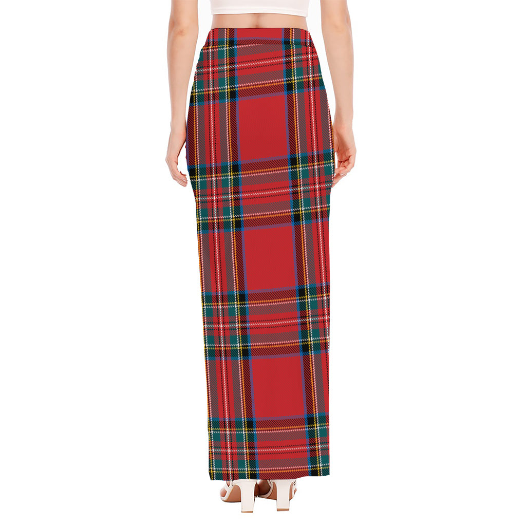 Stewart Tartan Scottish Pattern Print High Slit Maxi Skirt