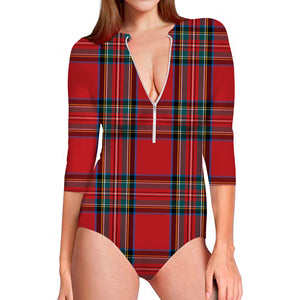 Stewart Tartan Scottish Pattern Print Long Sleeve Swimsuit