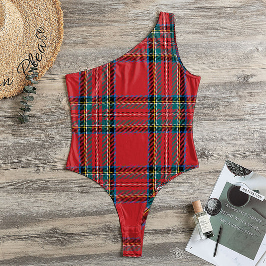 Stewart Tartan Scottish Pattern Print One Shoulder Bodysuit