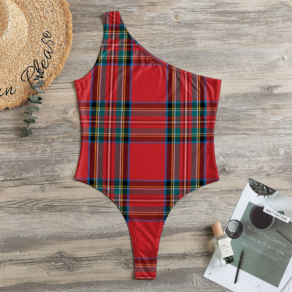 Stewart Tartan Scottish Pattern Print One Shoulder Bodysuit