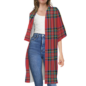 Stewart Tartan Scottish Pattern Print Open Front Beach Cover Up