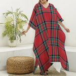 Stewart Tartan Scottish Pattern Print Silk V-Neck Kaftan Dress