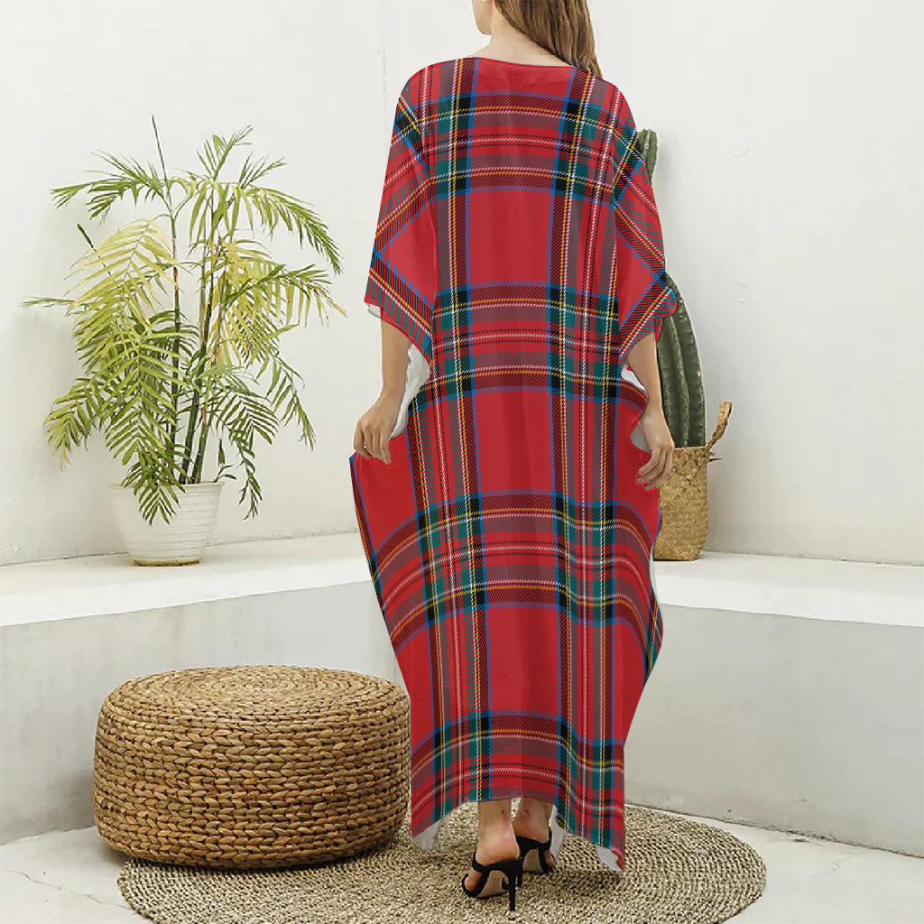 Stewart Tartan Scottish Pattern Print Silk V-Neck Kaftan Dress