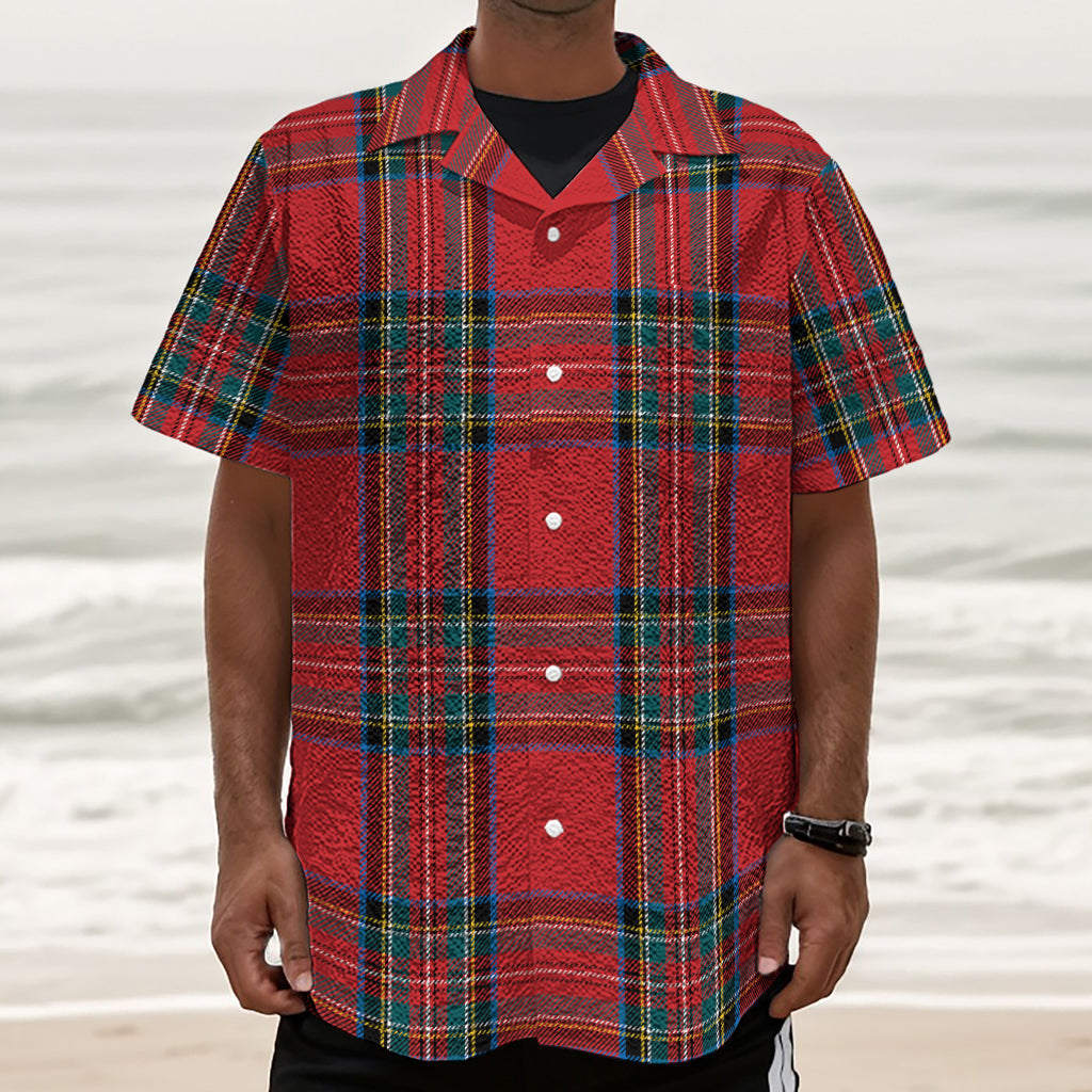 Stewart Tartan Scottish Pattern Print Textured Short Sleeve Shirt