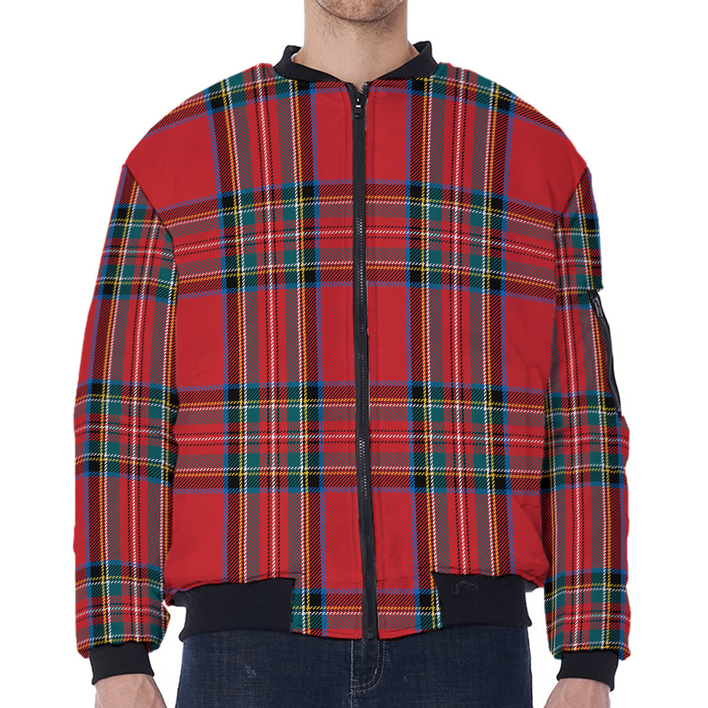 Stewart Tartan Scottish Pattern Print Zip Sleeve Bomber Jacket