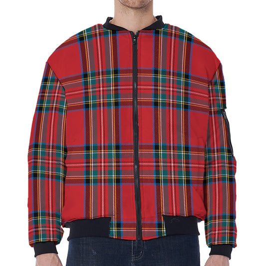 Stewart Tartan Scottish Pattern Print Zip Sleeve Bomber Jacket