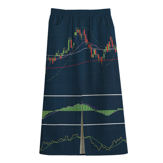 Stock Candlestick And Indicators Print Cotton Front Slit Maxi Skirt