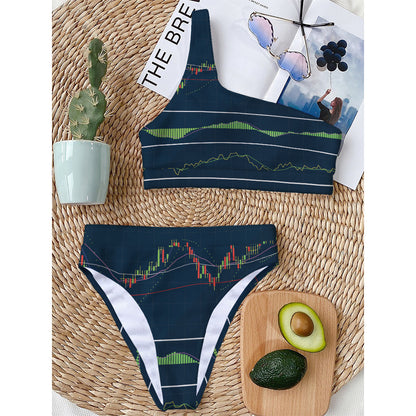 Stock Candlestick And Indicators Print One Shoulder Bikini Top