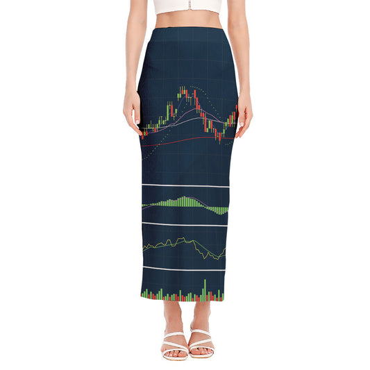 Stock Candlestick And Indicators Print Side Slit Maxi Skirt