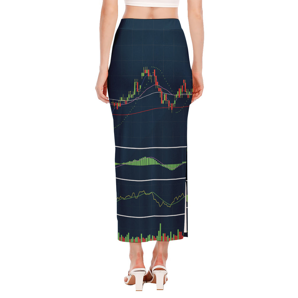 Stock Candlestick And Indicators Print Side Slit Maxi Skirt